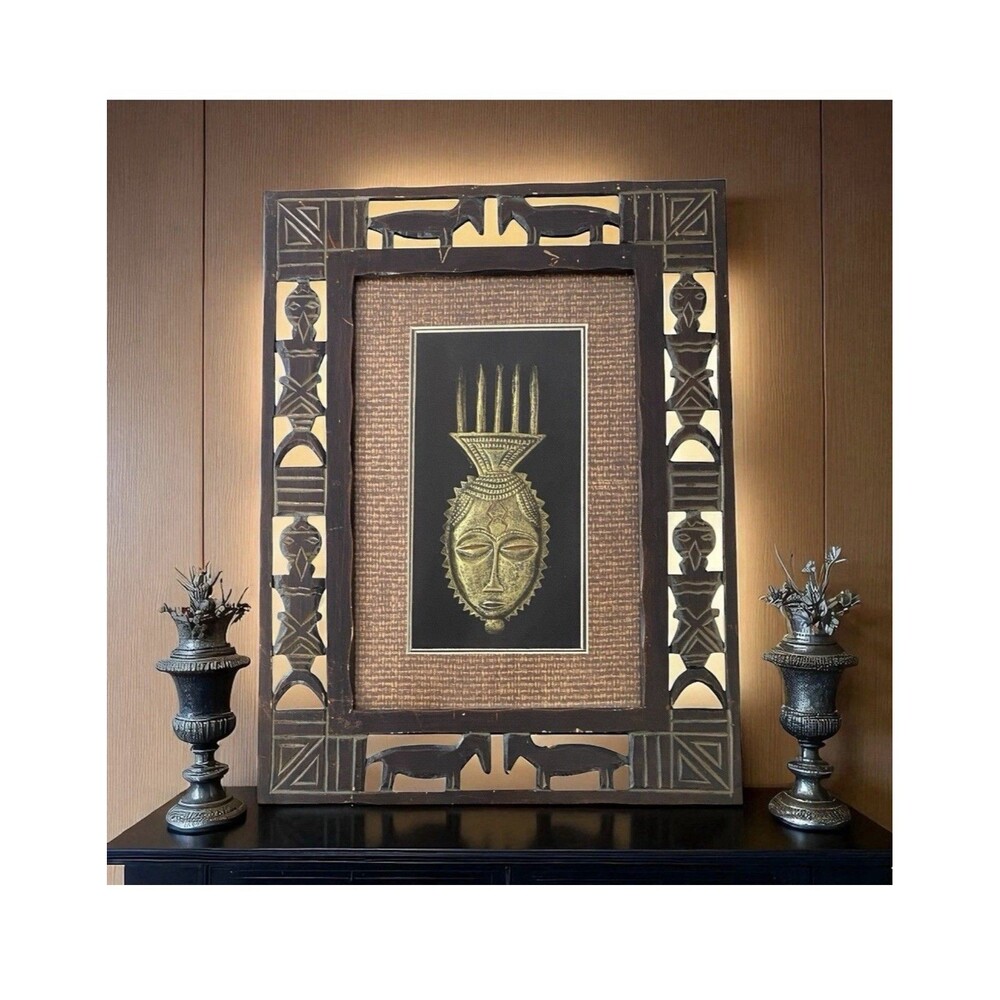 VTG African Tribal 3D Wall Shadow Box Carved Wood Frame & Mask Wall Art